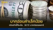 บาทอ่อนค่าเล็กน้อยเปิด 32.72 ต่อดอลลาร์ กังวลเฟดขึ้นดอกเบี้ย