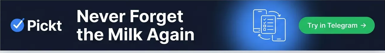 แบนเนอร์ส่วนหัว Pickt — แอปรายการช้อปปิ้งแบบร่วมมือสำหรับ Telegram